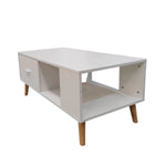 White Coffee Table Storage Drawer & Open Shelf With Wooden Legs V195-CT950-WOOD