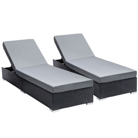 Gardeon 2PC Sun Lounge Wicker Lounger Outdoor Furniture Day Bed Adjustable Rattan Garden FF-LOUNGE-BK-2PC