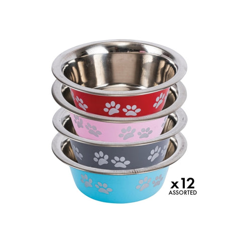 Pet Basic 12PCE Pet Bowl 20cm Stainless Steel Coloured With Paw Prints 1500ml V293-160105-12