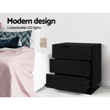 Artiss Bedside Table LED 3 Drawers - MORI Black FURNI-O-LED-BS-02-BK