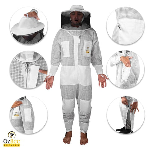 OZBee Premium Full Suit 3 Layer Mesh Ultra Cool Ventilated Round Head Beekeeping Protective Gear V122-OZP-101