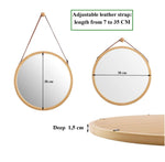 Hanging Round Wall Mirror 38 cm - Solid Bamboo Frame and Adjustable Leather Strap for Bathroom and V178-36014