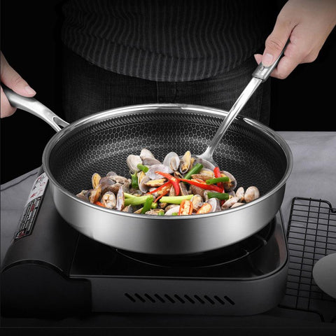 Stainless Steel Frying Pan Non-Stick Cooking Frypan Cookware 28cm Honeycomb Single Sided V255-304-28CM-PAN-LID