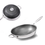 304 Stainless Steel 34cm Non-Stick Stir Fry Cooking Kitchen Wok Pan with Lid Honeycomb Double Sided V255-304-WOK-34-LID