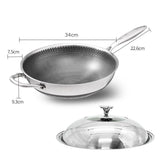 304 Stainless Steel 34cm Non-Stick Stir Fry Cooking Kitchen Wok Pan with Lid Honeycomb Double Sided V255-304-WOK-34-LID