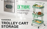Kandoka 3 Tier Green Trolley Cart Storage Utility Rack Organiser Swivel Kitchen V274-HA-GO37-TC-3GN