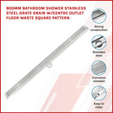 900mm Bathroom Shower Stainless Steel Grate Drain w/Centre outlet Floor Waste Square Pattern V63-832811