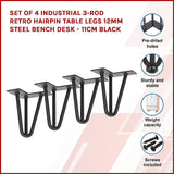 Set of 4 Industrial 3-Rod Retro Hairpin Table Legs 12mm Steel Bench Desk - 11cm Black V63-834921
