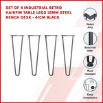 Set of 4 Industrial Retro Hairpin Table Legs 12mm Steel Bench Desk - 41cm Black V63-834981