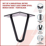 Set of 4 Industrial Retro Hairpin Table Legs 12mm Steel Bench Desk - 11cm Black V63-834991
