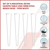 Set of 4 Industrial Retro Hairpin Table Legs 12mm Steel Bench Desk - 71cm White V63-835031