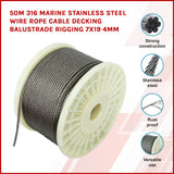 50M 316 Marine Stainless Steel Wire Rope Cable Decking Balustrade Rigging 7x19 4mm V63-835551