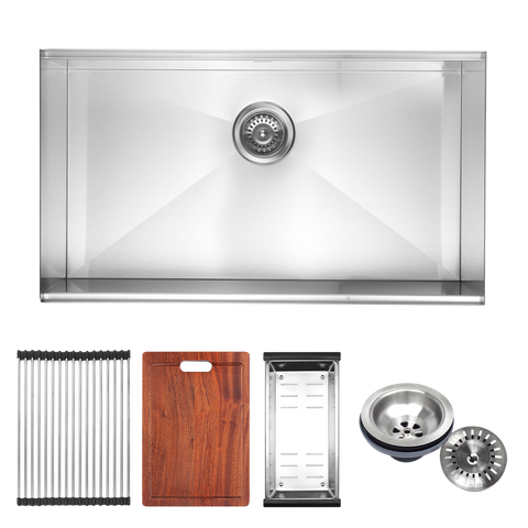 BRIENZ 32-inch Nano Workstation Ledge Undermount 16 Gauge Stainless Steel Kitchen Sink Single Bowl V63-836481