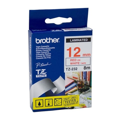 BROTHER TZe232 Labelling Tape 12mm Red on White TZE Tape V177-D-BTZ232