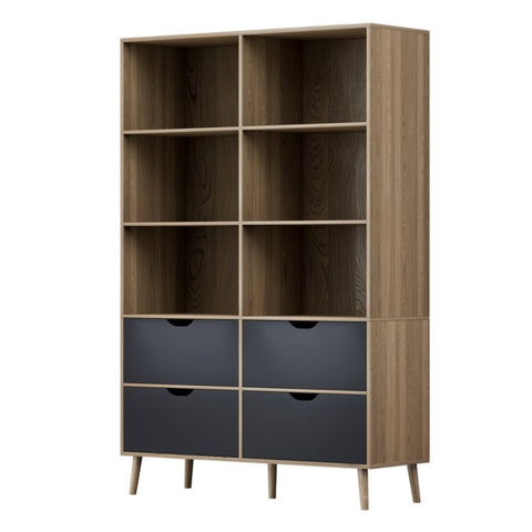 Artiss Bookshelf with 4 Drawers - MITZI Oak and Blue FUR-S-BSHELF-01-WDBL-ABC