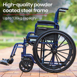 EQUIPMED Portable Wheelchair 24 Inch Folding Lightweight Wheel Chair,136kg Capacity Mobility. Blue V219-EQWRHC06A