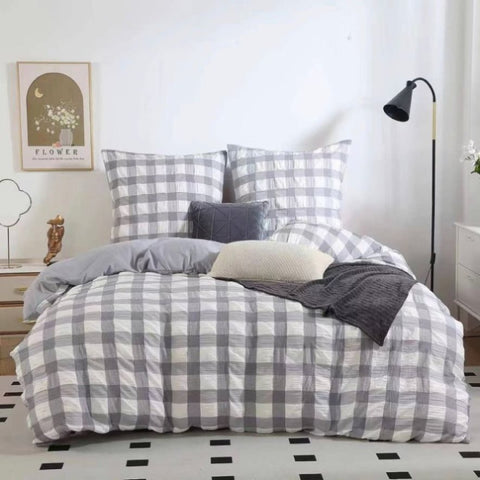 Rylee Grey Check Seersucker Quilt Cover Set - Queen Size V493-JH-Q-06