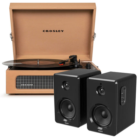 Crosley Voyager Bluetooth Portable Turntable - Tan + Bundled Majority D40 Bluetooth Speakers - Black V398-CR8017BMY-TA4