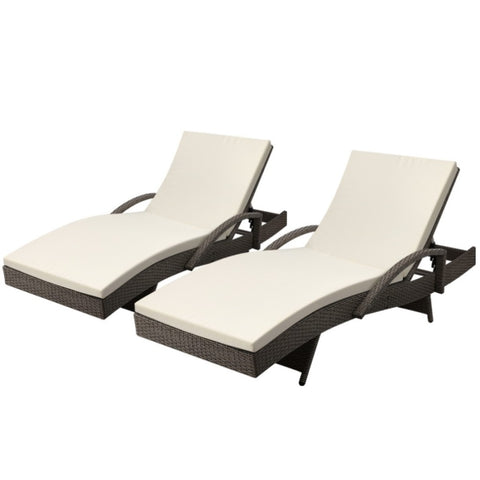 Gardeon 2PC Sun Lounge Wicker Lounger Outdoor Furniture Beach Chair Adjustable Cushion Grey&Beige FF-LOUNGE-ARM-GEX2