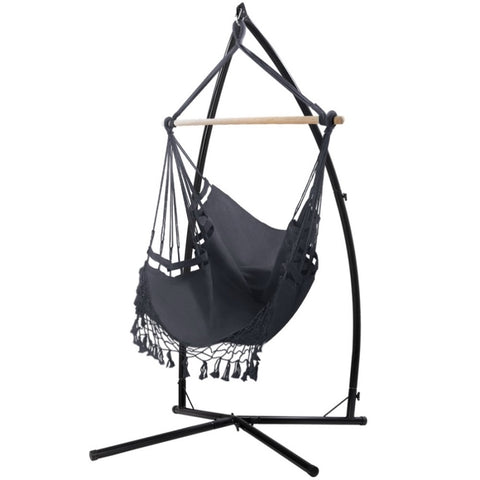 Gardeon Hammock Chair with Steel Stand Hanging Outdoor Tassel Grey HM-CHAIR-TASSEL-GREY-X