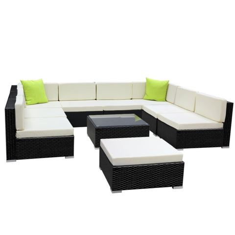 Gardeon 10-Piece Outdoor Sofa Set Wicker Couch Lounge Setting Cover FF-SOFA-BK-10PC-ABCE