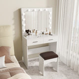 Fidel Vanity Set with Cushioned Stool and Lighted Mirror- White V264-TAB-716C-WHE-NA-1