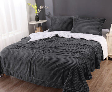 stripe flannel sherpa blanket queen charcoal V517-SFSC-QCHA