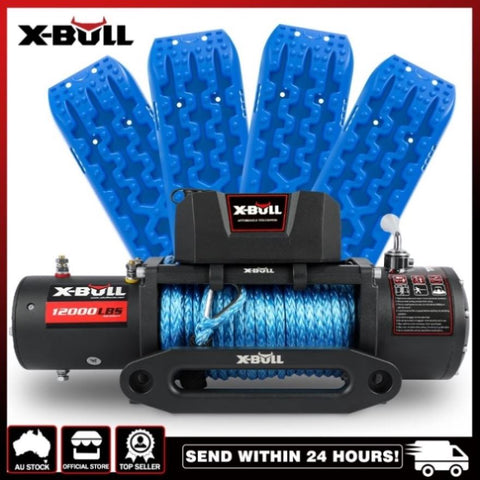 X-BULL 12V Electric Winch 12000LB Synthetic Rope with 4PCS Recovery Tracks Sand Mud Track Gen3.0 V211-AUEB-XBEW006X1/RT008X2