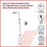 WELS 8" Rain Shower Head Set Square Dual Heads Faucet High Pressure With Mixer V63-827951