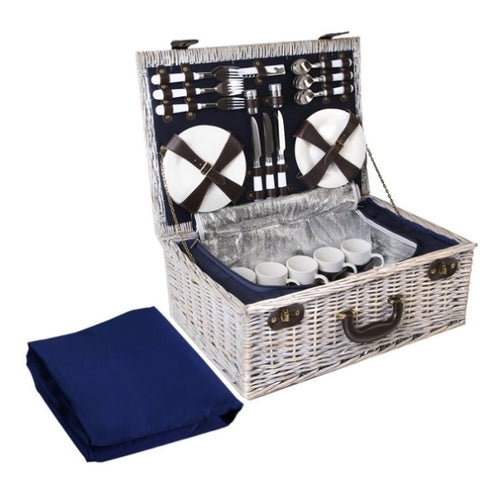 Alfresco 6 Person Picnic Basket Set Cooler Bag Insulated Blanket Plates Navy PICNIC-6PPL-COOLER-NAVY
