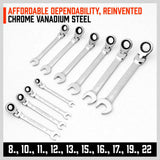 10Pc Flexible Head Ratchet Spanner Set Metric Wrench CRV With Carry Pouch 8-22MM V465-97434-AU-2