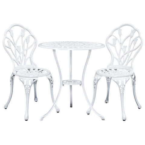 Gardeon 3PC Outdoor Setting Bistro Set Chairs Table Cast Aluminum Patio Furniture Tulip White GB-CALU-3PC-XG1018-WH