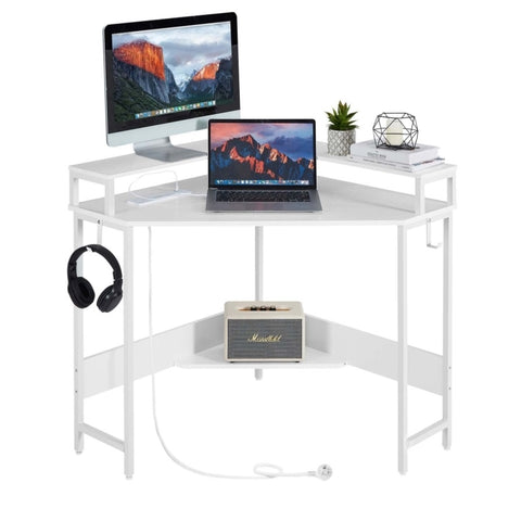 Casadiso L-Shaped Corner Desk with Built-In Power Board, White Gaming Desk with Charging Station V384-AQUARIUS7PW