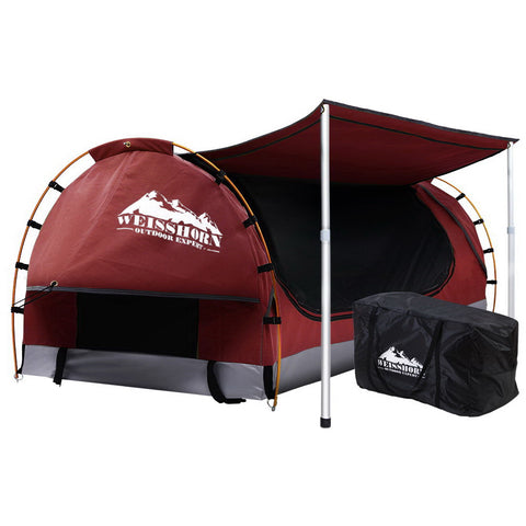 Weisshorn Double Swag Camping Swags Canvas Free Standing Dome Tent Red with 7CM Mattress SWAG-C-WING-D-RED