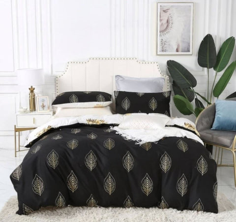 Reversible Design Queen Size Black Gold Duvet Quilt Cover Set V493-MQ-462A