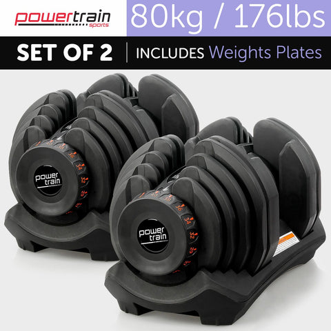 2x 40kg Powertrain Adjustable Dumbbells Home Gym Set DMB-BF2-040-2