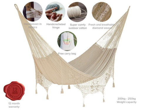 Outdoor undercover cotton Mayan Legacy hammock with hand crocheted tassels Queen Size Marble Colour V97-TDQ CREAM