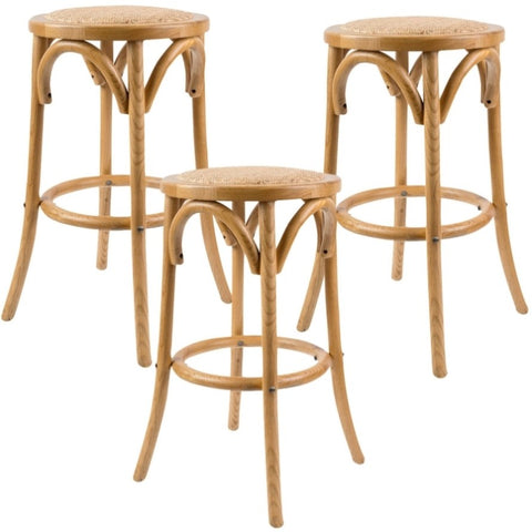 Aster 3pc Round Bar Stools Dining Stool Chair Solid Birch Wood Rattan Seat Oak V315-VOD-CAFE-21-3PC-KIT