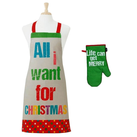 Ladelle Set of 2 All I want Christmas Oven Mitt & Apron Kitchen Set V442-LDE-OVENM-ALLIWANT-MULTI-SH