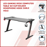 LED Gaming Desk Computer Table with Cup Holder Headphone Hook Cable Hole V63-840391