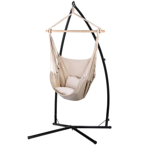 Gardeon Hammock Chair Outdoor Camping Hanging with Steel Stand Cream HM-CHAIR-PILLOW-CREAM-X