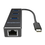 Simplecom CHN411 Aluminium USB Type C to 3 Port USB 3.0 Hub with Gigabit Ethernet Adapter Black V28-CHN411-BK