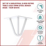 Set of 4 Industrial 3-Rod Retro Table Legs 12mm Steel Bench Desk - 11cm White V63-834951