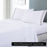 soft microfibre embroidered stripe sheet set double white sheet taupe stripe V517-EBMF1000-D-WT