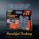 36-Piece Hex Bit Socket Set, SAE Metric Sizes, S2 Steel Hex Bits, Chrome Vanadium Steel Sockets V465-20205-AU-2