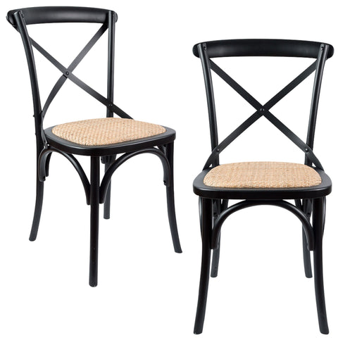 Aster Crossback Dining Chair Set of 2 Solid Birch Timber Wood Ratan Seat - Black V315-VOD-CAFE-03-2PC-KIT