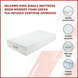 Palermo King Single Mattress 30cm Memory Foam Green Tea Infused CertiPUR Approved V63-826491